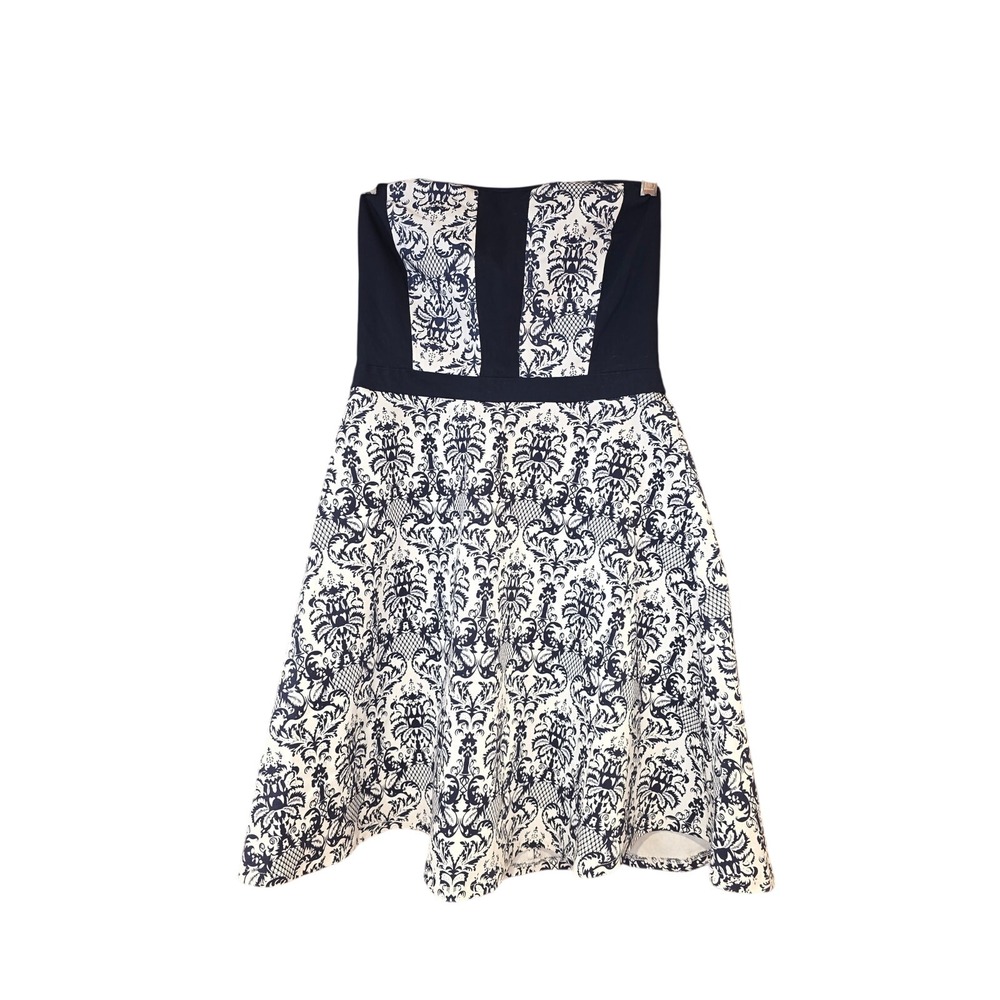 Francesca's Blue Rain‎ strapless dress w/navy blue and white damask print sz 1